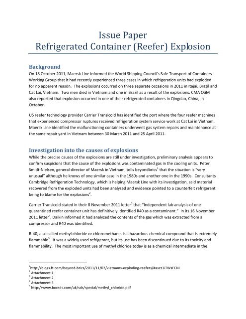 Issue Paper Refrigerated Container (Reefer) Explosion