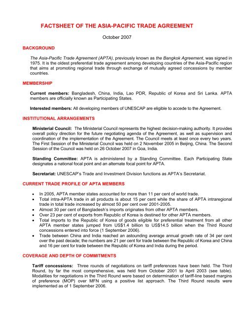 Factsheet of the Asia-Pacific Trade Agreement, Oct 2007 - Escap