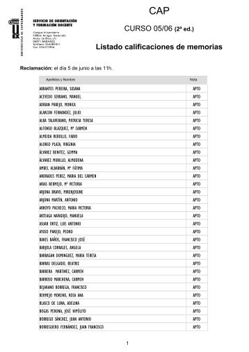 CURSO 05/06 (2Âª ed.) Listado calificaciones de memorias