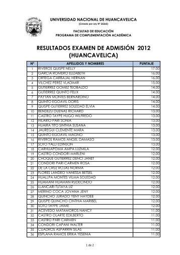resultados examen de admisiÃ³n 2012 (huancavelica) - Universidad ...