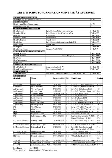 ARBEITSSCHUTZORGANISATION UNIVERSITÃT AUGSBURG