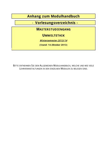 Vorlesungsverzeichnis Master Umweltethik WS 2013/14