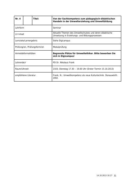 Vorlesungsverzeichnis Master Umweltethik WS 2013/14