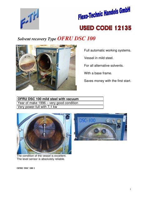 Technical information for the OFRU DSC 100 - Flexo-Technic