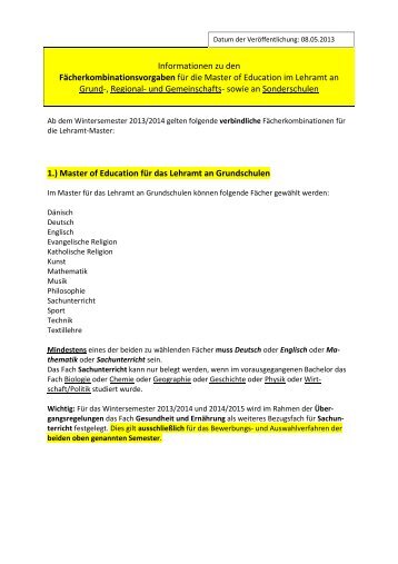 Merkblatt: FÃ¤cherkombinationen Master Lehramt WICHTIG