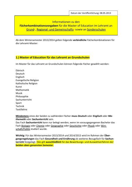Merkblatt: FÃ¤cherkombinationen Master Lehramt WICHTIG