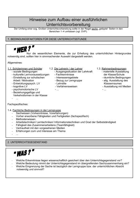Hinweise zum Aufbau einer ausfÃ¼hrlichen Unterrichtsvorbereitung
