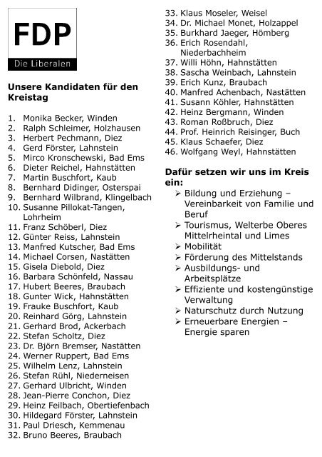 Unsere Kandidaten für den  Kreistag - FDP-Kreisverband Rhein-Lahn