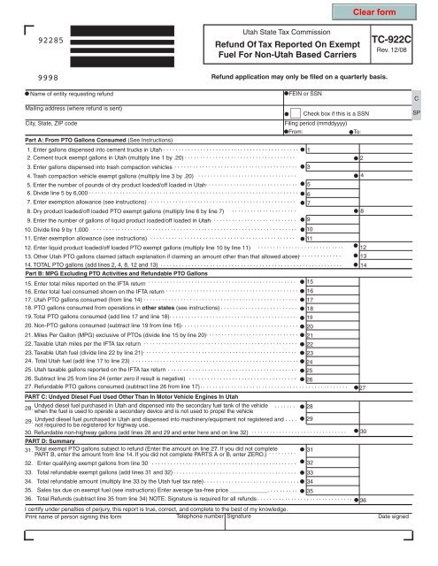 TC-922C, Refund of Tax Reported on Exempt Fuel for Non-Utah  ...