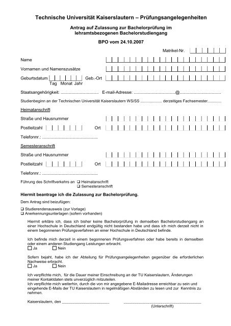 Antrag auf Zulassung zur BA-Prüfung - Universität Kaiserslautern