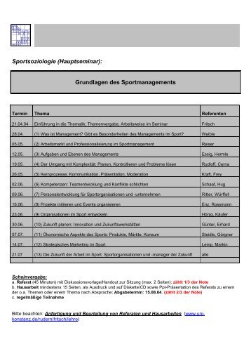 Sportsoziologie (Hauptseminar): Grundlagen des Sportmanagements