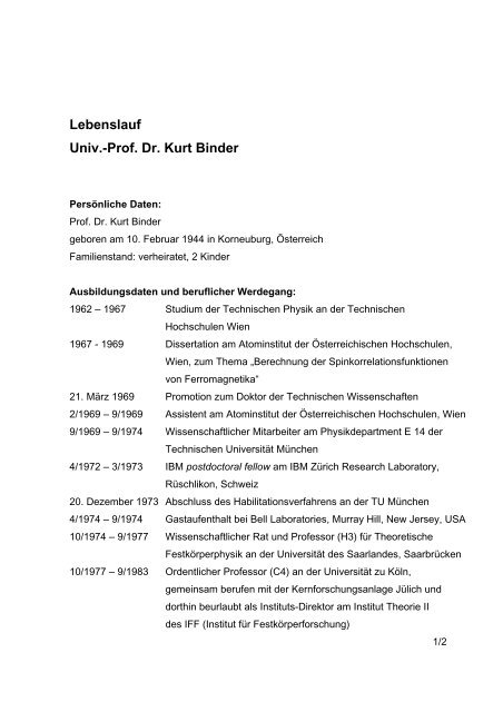 Prof. Dr. Kurt Binder - Johannes Gutenberg-UniversitÃ¤t Mainz