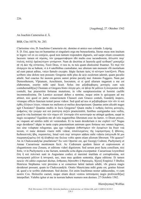 226. [Augsburg], 27. Oktober 1562 An Joachim Camerarius d. Ã ...