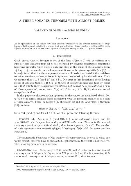 a three squares theorem with almost primes - Mathematisches Institut