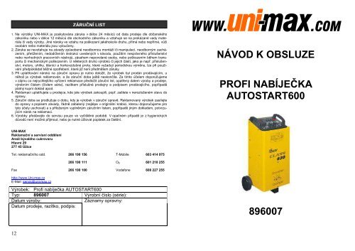 nÃ¡vod k obsluze profi nabÃ­jeÄka autostart600 896007 - Uni-max.cz