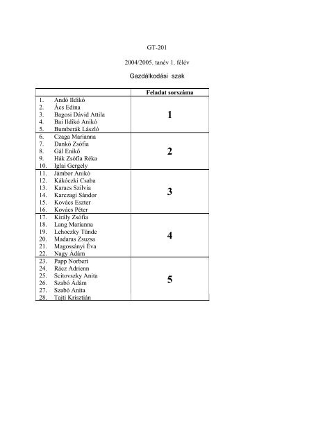 GT-201 2004/2005. tanÃ©v 1. fÃ©lÃ©v GazdÃ¡lkodÃ¡si szak Feladat ...