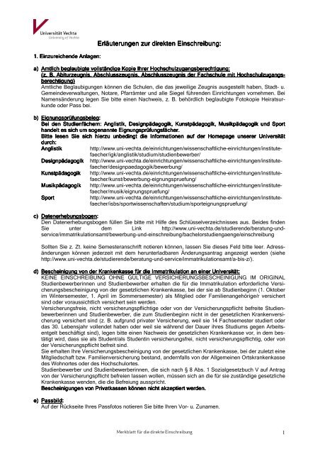 Merkblatt für die direkte Einschreibung - Universität Vechta