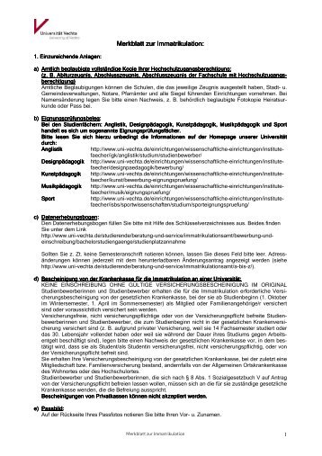 Merkblatt zur Immatrikulation - Universität Vechta