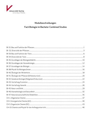 Modulbeschreibungen: Fach Biologie im Bachelor Combined Studies