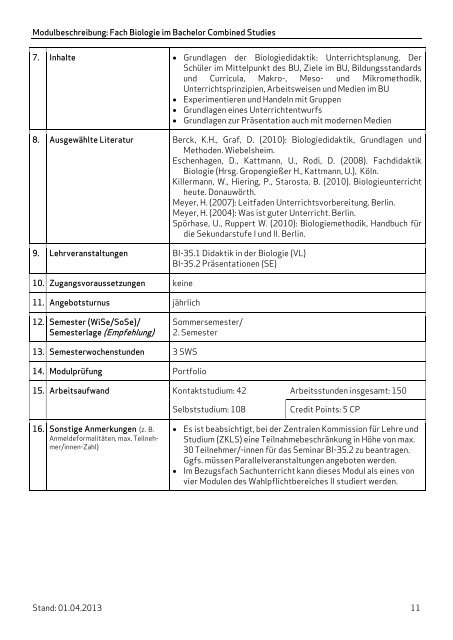 Modulbeschreibungen: Fach Biologie im Bachelor Combined Studies