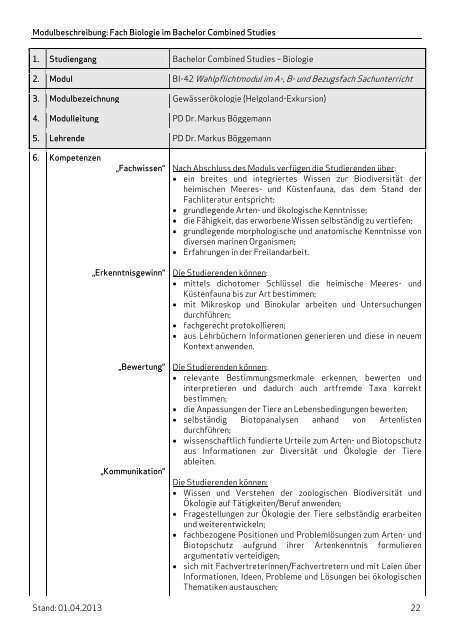 Modulbeschreibungen: Fach Biologie im Bachelor Combined Studies