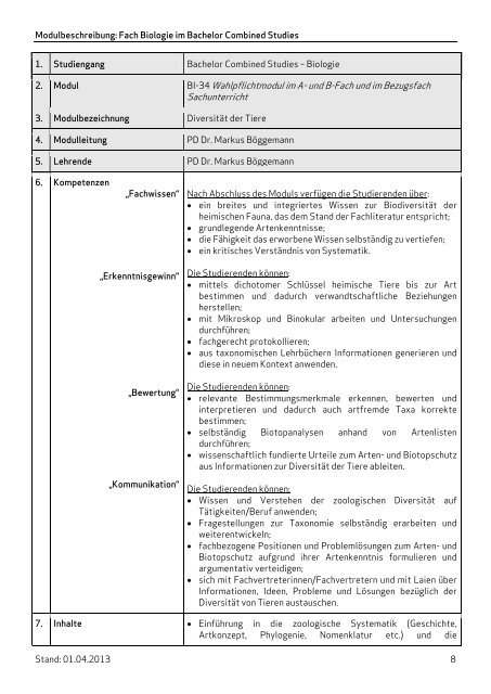 Modulbeschreibungen: Fach Biologie im Bachelor Combined Studies