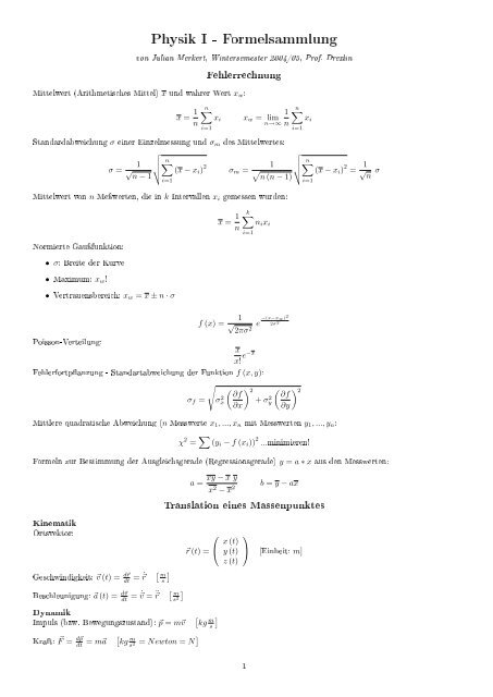 Physik I - Formelsammlung - Physik + Mathematik