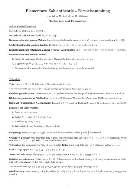 Elementare Zahlentheorie - Formelsammlung
