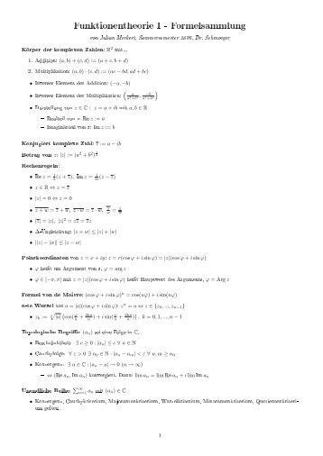 Funktionentheorie I - Formelsammlung