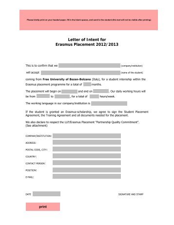 Letter of Intent for Erasmus Placement 2012/2013