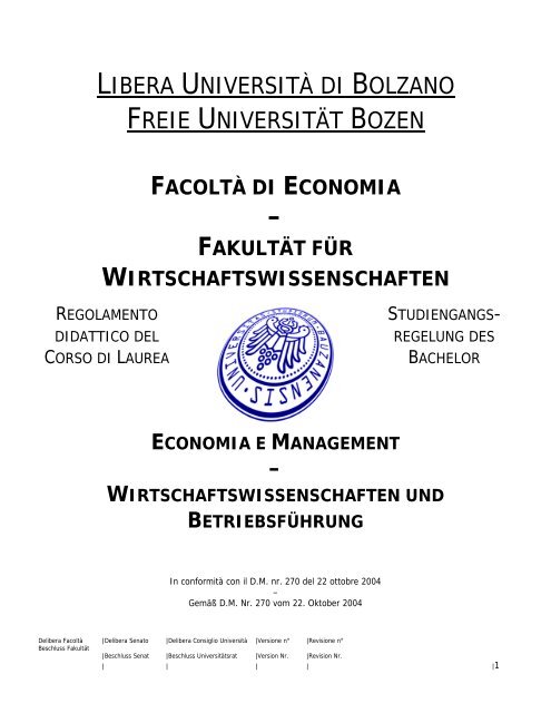 LIBERA UNIVERSITÀ DI BOLZANO FREIE UNIVERSITÄT BOZEN