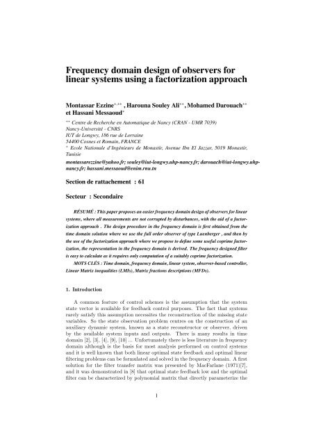 Frequency domain design of observers for linear systems using a ...