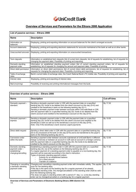 Overview of EB Services and Parameters - Unicredit Bank