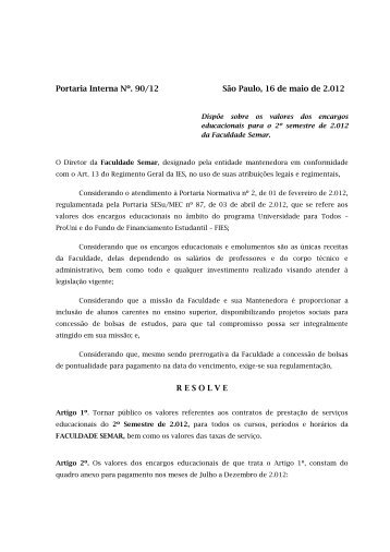 Portaria Interna NÂº - Uniesp
