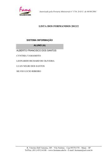 LISTA DOS FORMANDOS 2012/2 - Uniesp