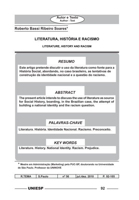 UNIESP 92 Roberto Bassi Ribeiro Soares* LITERATURA ...