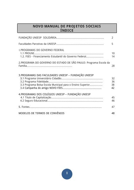 1 NOVO MANUAL DE PROJETOS SOCIAIS ÃNDICE - UNIESP