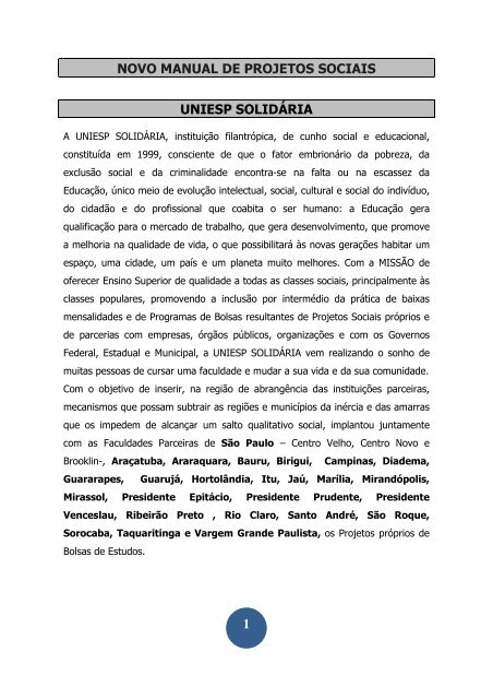 1 NOVO MANUAL DE PROJETOS SOCIAIS UNIESP SOLIDÃRIA