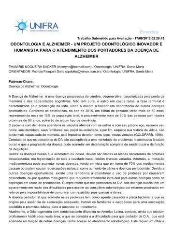 odontologia e alzheimer - um projeto odontolÃ³gico inovador ... - Unifra