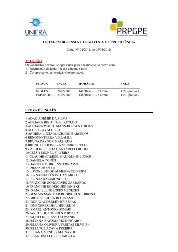 LISTAGEM DOS INSCRITOS NO TESTE DE PROFICIÃNCIA ... - Unifra