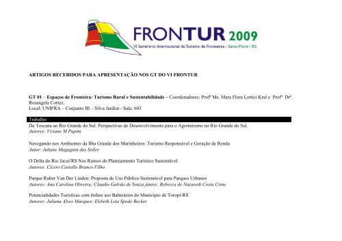 Trabalhos Aprovados - FRONTUR 2009 - Unifra