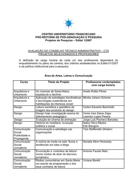 Resultado Edital 01/2007 Projetos de Pesquisa e ExtensÃ£o - Unifra