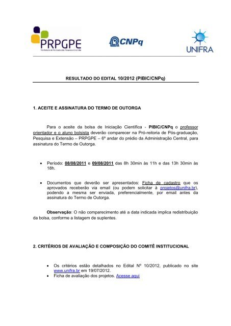 RESULTADO DO EDITAL 10/2012 (PIBIC/CNPq) 1. ACEITE ... - Unifra