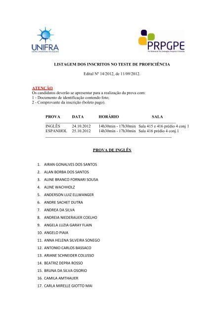 Edital NÂº 14/2012 - Listagem dos Inscritos no Teste de ... - Unifra