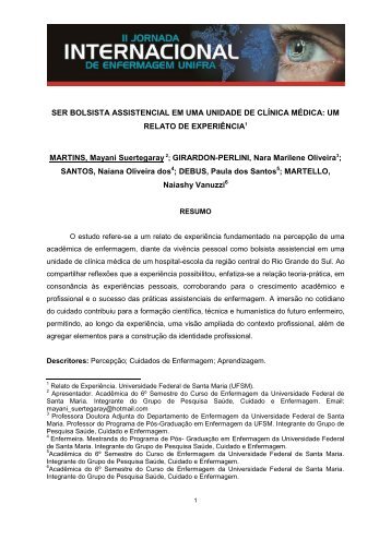 SER BOLSISTA ASSISTENCIAL EM UMA UNIDADE DE ... - Unifra