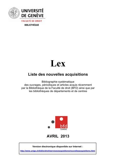 Liste des nouvelles acquisitions AVRIL 2013 - Université de Genève
