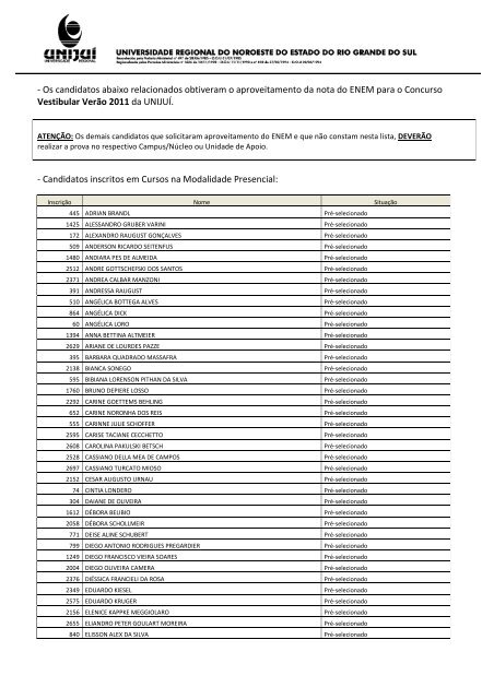 Aproveitamento da nota do ENEM Vestibular VerÃ£o 2011 Site - UnijuÃ­