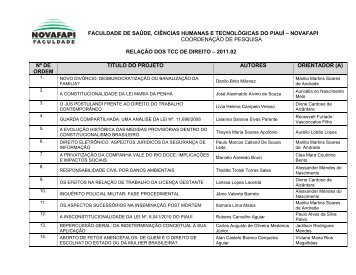 RELAÃÃO DOS TCC DE DIREITO â 2011.02 NÂº DE ... - Novafapi