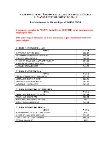 PRÃ-SELECIONADOS DA LISTA DE ESPERA 2013-1 - Novafapi