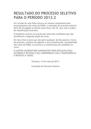 resultado do processo seletivo para o perÃ­odo 2013.2 - Novafapi